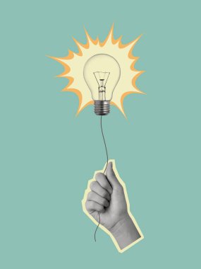 Ampulü tutan bir elin geçici sanat kolajı. Yaratıcılık kavramı, ilham, yenilik, başarı, fikirler. Boşluğu kopyala. 