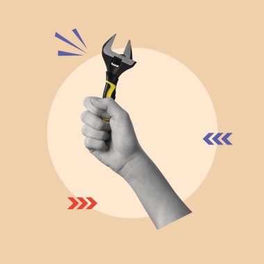 ... ayarlanabilir anahtarı tutan geçici sanat kolajı. Mobilya, ekipman montajı, ev aletlerinin onarımı ve diğer tesisat işleri için çalışan bir araç. Modern tasarım. Boşluğu kopyala.