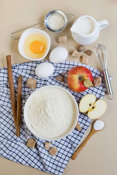 Ingredients Baking Beige Background Making Apple Pie Flour Bowl Eggs — Stock Photo, Image