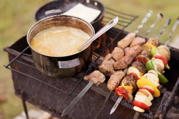 Mushrooms Soup Skewers Meat Vegetables Outdoors Grill — Stock Photo, Image
