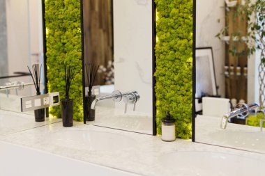 Büyük aynalı minimalist banyo ve siyah çerçeveli ve mermer duvarlı yeşil dekoratif yosun.