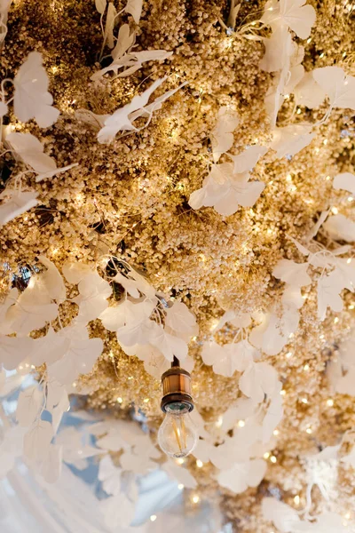 Light bulb and gypsophila dryflowers on ceiling, bohemian interior with light