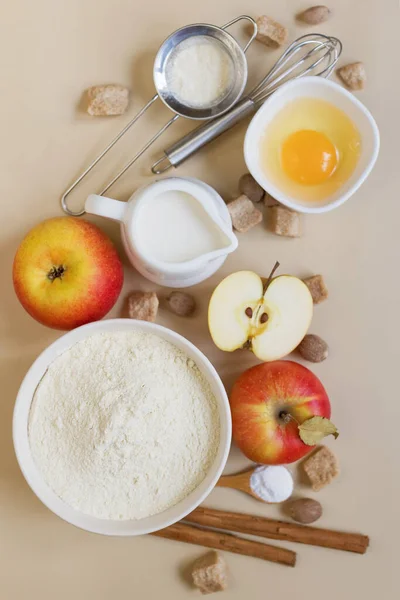 Ingredients Baking Beige Background Making Apple Pie Flour Bowl Eggs — Stock Photo, Image