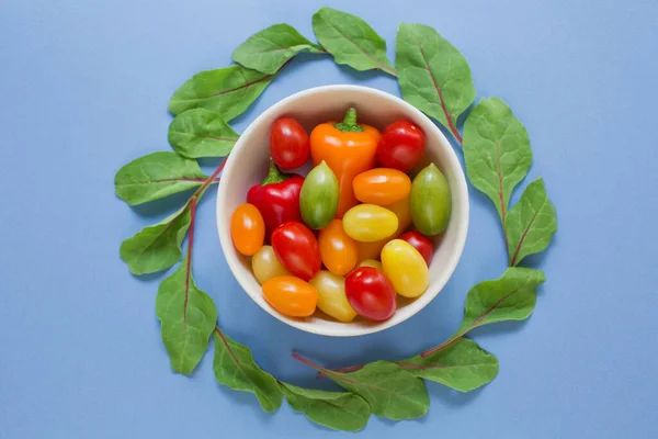 Miska Małymi Pomidorami Papryką Ramach Liści Szpinaku Niebieskim Tle Koncepcja — Zdjęcie stockowe