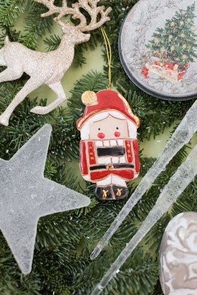 Background Vintage Christmas Decorations Glass Star Icicles Glitter Reindeer Vintage — Zdjęcie stockowe