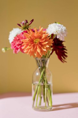 Pembe ve sarı arkaplanda vazoda güzel bir demet yıldız çiçeği, kopyalama uzayı