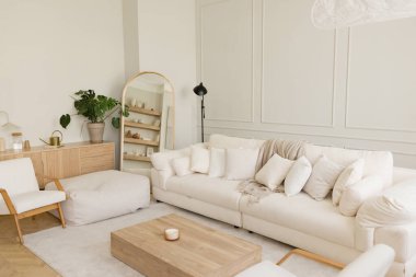 Boş duvarları olan aydınlık odada yastıklı beyaz kanepe, boşluğu kopyala
