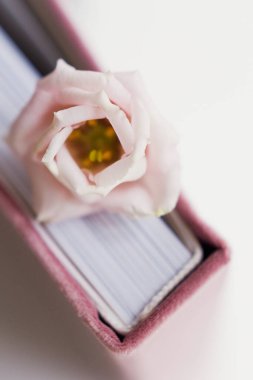 Pembe kumaş kaplı ve beyaz çiçekli bir kitap.