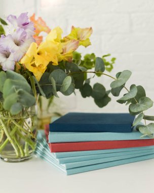 Parlak kumaş kaplı kitaplar ve okaliptüs dalı