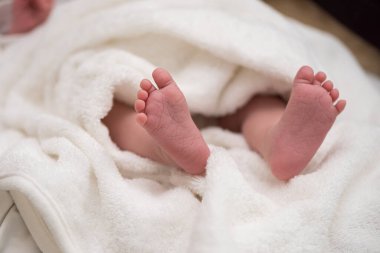 Battaniyeye sarılı yeni doğmuş bir bebeğin minik bebek bacakları. Kapat..