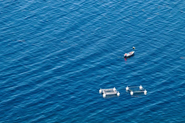 Floating Trout Farm Next Motor Boat Aerial View Blue Water — Stock Photo, Image
