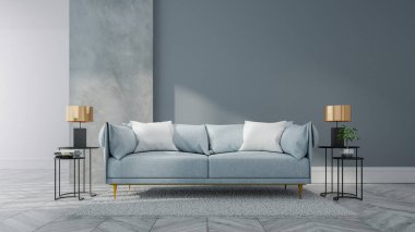 Oturma odasının tavan arası, beyaz zemin üzerinde mavi kanepe ve mavi duvar, 3D çizim.