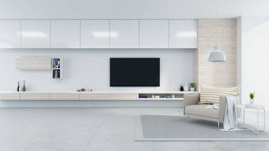 Modern ve minimalist oturma odası konsepti, beyaz televizyon büfeli kahverengi koltuk ve beton döşeme, 3D
