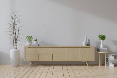 Modern orta çağ oturma odası, ahşap televizyon dolabı ahşap döşeme ve beyaz duvarlı, 3 boyutlu.