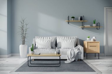 Modern yüzyılın ortalarında ve oturma odası tasarım konseptinin minimalist iç mimarisi, mavi duvarda beyaz kanepe ve ahşap masa, 3D