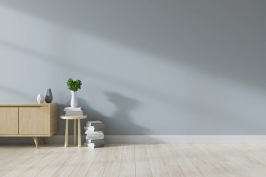 Modern orta çağ oturma odası, ahşap televizyon dolabı beyaz döşemeli ve mavi duvarlı, 3D işlemeli.