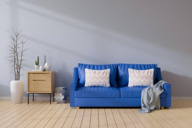 Modern orta çağ ve oturma odasının minimalist iç mekanı gri duvarda mavi kanepe ve ahşap masa, 3D