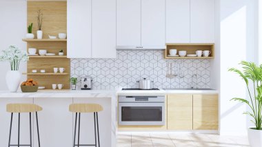 Modern mutfak odası, ahşap tabure, mable tezgah ve modern mobilyalar, beyaz kiler odası .3drender