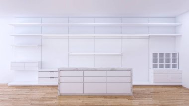 İç dekorasyonun modern minimalisti, ahşap zeminde beyaz gardırop ve beyaz duvar, iç tasarım, 3D tasarım