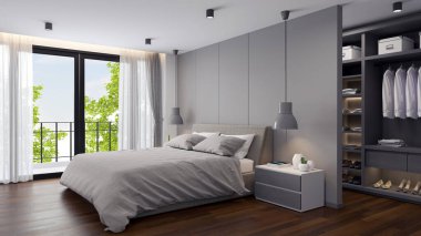 Modern yatak odaları ve iç mekan, gri oda konsepti, 3D tasarım.