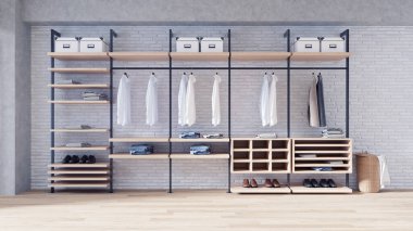 Modern çatı katı iç mekan konsepti, dolaba girmek, beyaz tuğla duvarda ahşap gardırop ve ahşap döşeme, 3D döşeme.
