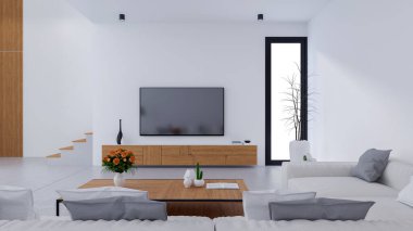 Beyaz modern oturma odası tasarımı ve rahat yaşam tarzı, beton zemin üzerinde ahşap televizyon dolabı olan beyaz kanepe, 3D