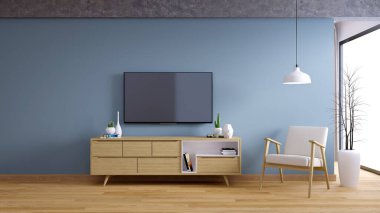 Televizyon dolabı, iç mimari oda tasarımı ve rahat yaşam tarzı, Koyu mavi duvarda beyaz sandalyeli ahşap TV standı, ahşap zemin, 3D resim