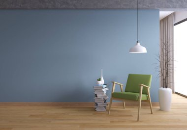  Oturma odası tasarımı ve rahat yaşam tarzı, mavi duvarda yeşil sandalye ve ahşap döşeme, 3D