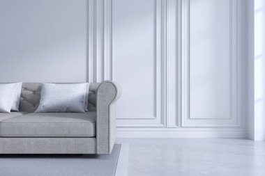 Modern ve klasik oturma odası iç tasarımı, beyaz ve rahat oda konsepti, ev dekorasyonu fikirleri, 3D tasarım