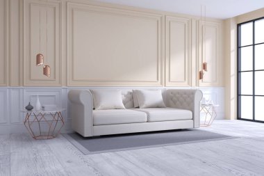 Modern ve klasik oturma odası iç tasarımı, beyaz ve rahat oda konsepti, ev dekorasyonu fikirleri, 3D tasarım