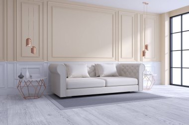 Modern ve klasik oturma odası iç tasarımı, beyaz ve rahat oda konsepti, ev dekorasyonu fikirleri, 3D tasarım