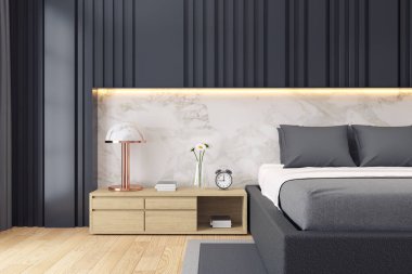 Modern lüks karanlık yatak odası iç tasarımı, 3 boyutlu.