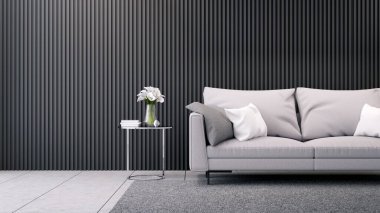 Modern lüks oturma odası iç tasarımı, siyah yarasalar üzerinde gri kanepe duvar ve beton zemin, 3D döşeme.