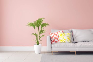Minimalist Pastel rengi ve modern oda iç tasarımı, açık gri kanepe ve pembe duvarlı ve fayanslı yeşil bitki, yaz konsepti, 3D