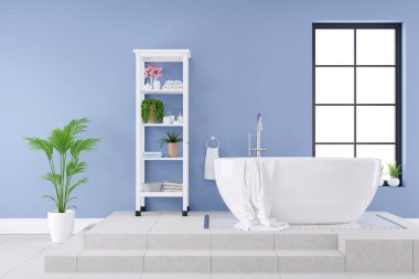 Modern ve lüks banyo iç tasarımı, mavi duvarda beyaz banyo küveti, 3D görüntüleme