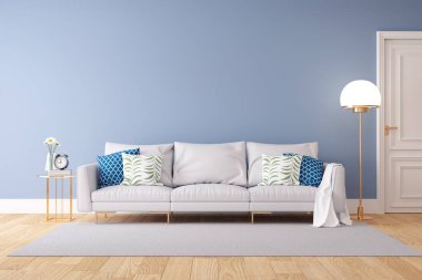 Minimalist Pastel rengi ve modern oda iç tasarımı, mavi duvarlı ve ahşap zeminli açık gri kanepe, yaz konsepti, 3D tasarım