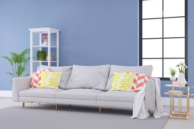 Minimalist Pastel rengi ve modern oda iç tasarımı, mavi duvarlı açık gri kanepe ve I White rafları, yaz konsepti, 3D