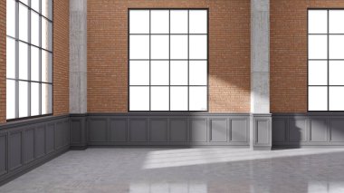 Modern tavan arası tasarımı, boş oda, siyah pencereli tuğla duvar ve beton zemin, 3D döşeme