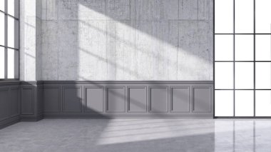 Modern tavan arası tasarımı, boş oda, siyah camlı beton duvar ve cilalı beton döşeme, 3D döşeme.