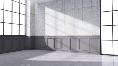 Modern tavan arası tasarımı, boş oda, siyah camlı beton duvar ve cilalı beton döşeme, 3D döşeme.