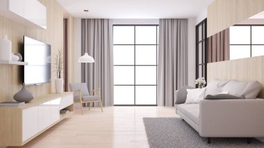 Modern ve minimalist oturma odası, rahat oda ve basit konforlar, doğal ahşap duvarda ve zeminde modern mobilyalar, 3D