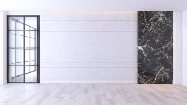 Modern ve minimalist oturma odası, ahşap zemin ve beton mermer duvar, boş alan, 3D çizim