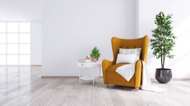 Modern ve minimalist oturma odası, beyaz masalı sarı koltuk ve ahşap zemin, 3D