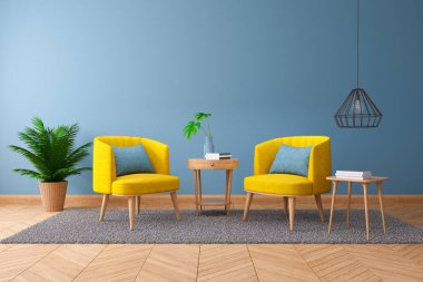 Oturma odasının klasik iç mekanı, ev dekorasyonu konsepti, mavi duvarda ahşap masa ve Hardwood döşeme, 3D döşeme.