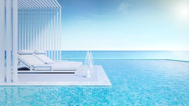 Yaz, plaj salonu, güneşlenme odaları ve lüks villa / 3D manzaralı özel yüzme havuzu.