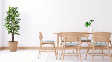 Minimalist yemek odası iç tasarımı, ahşap masa ve beyaz odada ahşap sandalye.