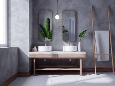  Modern banyo iç tasarımı, ahşap rafta beyaz leğen beton duvarlı, 3D işlemeli.