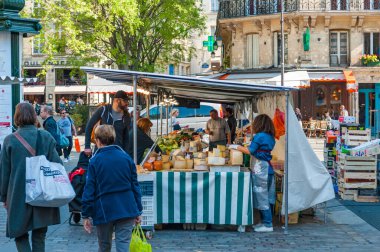 Paris, France - Apr 20, 2019 - Food market in the central part of the city