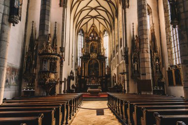 Cesky Krumlov, Czech Republic - 15 Aug, 2019 - Early morning in the empty catholic cathedral with closed entry