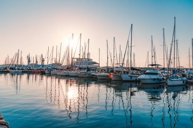 Pula, Croatia - Aug 20, 2019 - Boats and yachts in Marina Veruda, Pula town during late afternoon